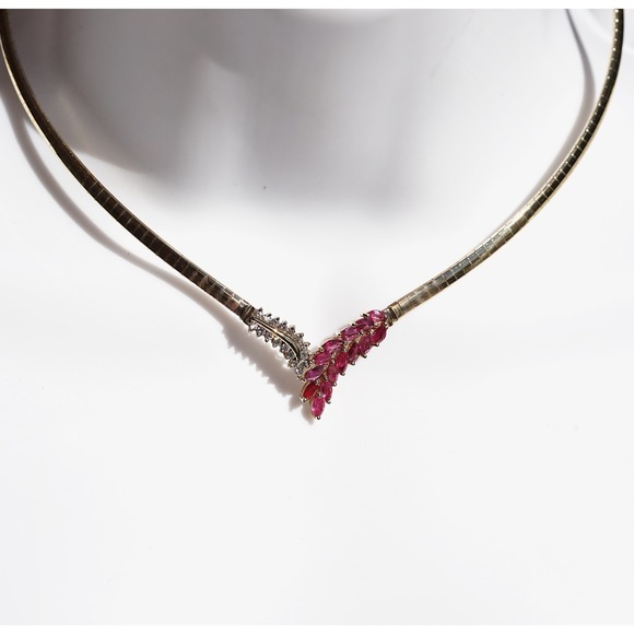 Vintage 14k Solid Gold Omega Natural Marque Ruby & Diamond Necklace Pave Cluster - Picture 5 of 7